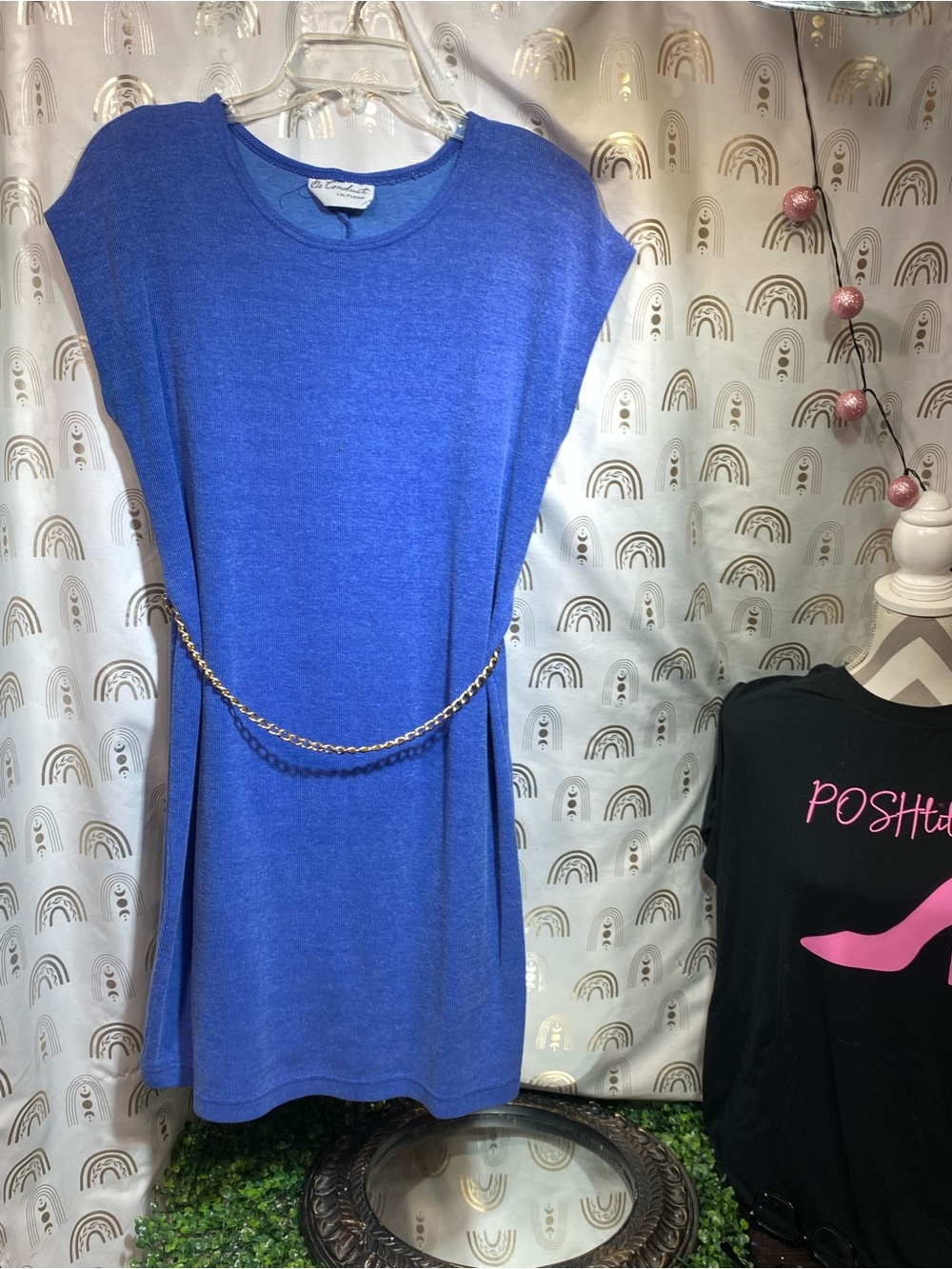 Blue Sleeveless Tank Dress with Gold Chain Belt
